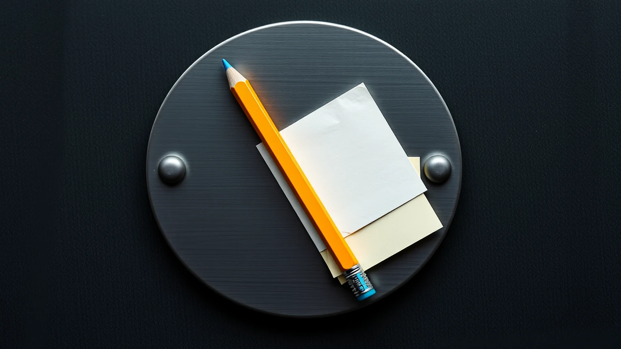 A small brushed steel plate with a perfectly smooth unmarked face and two round rivets, a yellow pencil resting diagonally across it and a folded plain paper note tucked half under its edge, seen from slightly above.