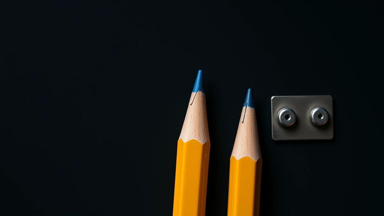 Two yellow pencils side by side with a clear gap between them, one long and one worn short, and a single round steel rivet lying close to their tips in soft shadow.