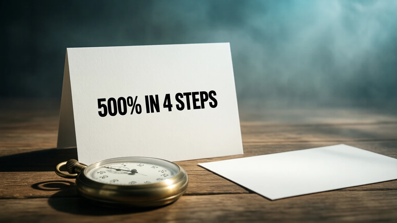A flat matte white card standing upright and facing the lens, printed in heavy black type with the single line 500% IN 4 STEPS and nothing else, a brass stopwatch lying in the foreground beside it, the card's soft shadow falling behind.