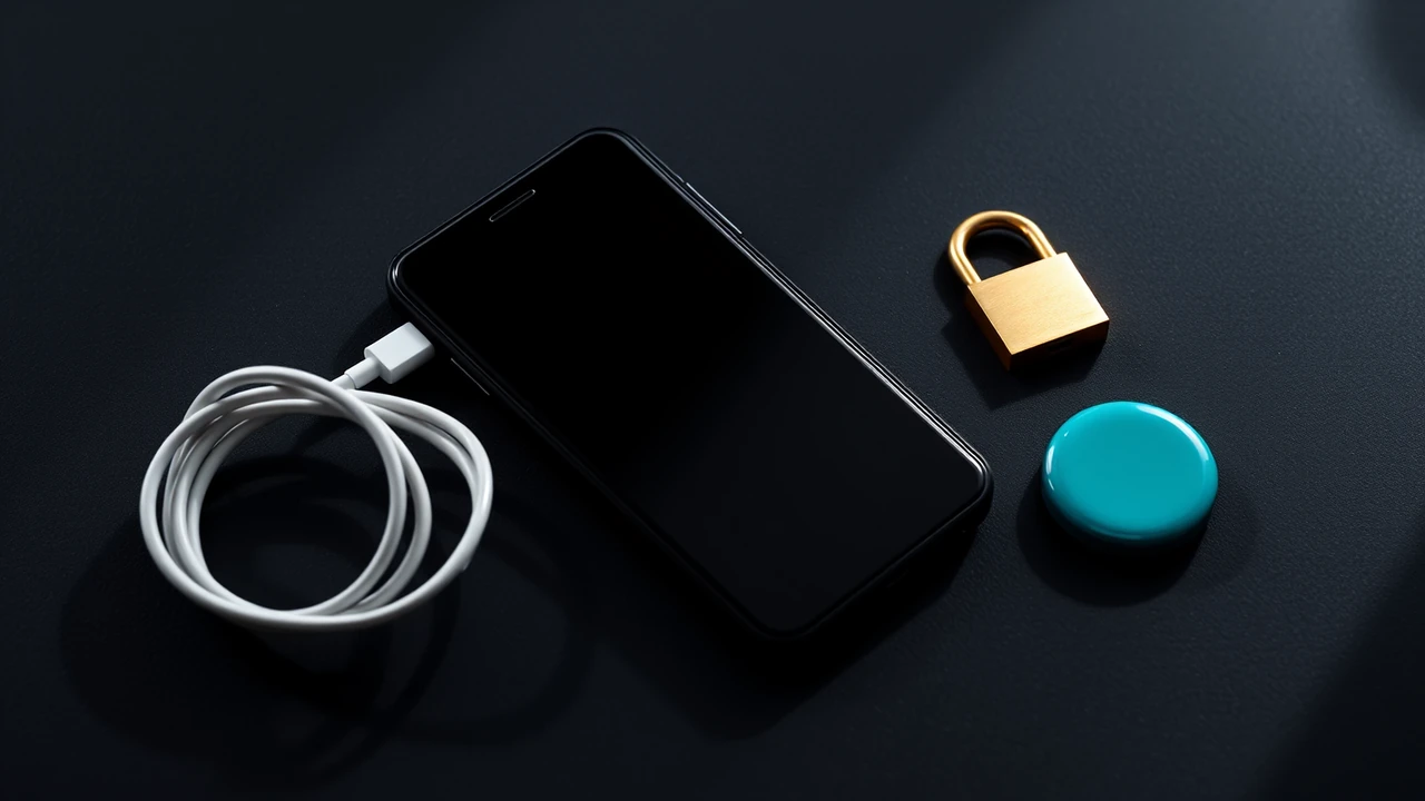 A black smartphone lying face down with a short white charging cable coiled beside it, a small open brass padlock casting a soft shadow next to the cable, and one flat glossy emerald green enamel disc set apart near the right edge, the rest of the dark surface empty.
