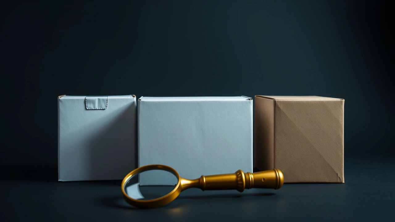 Three plain white cardboard boxes standing in a row, each a clearly different size from small to large with a clear gap between them, all closed and unmarked, their shadows falling to the right, and a brass magnifying loupe in the foreground in front of the smallest box.