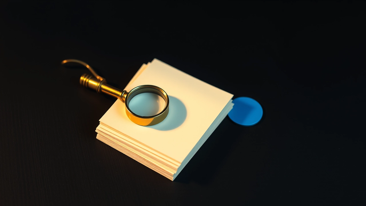 A brass magnifying loupe resting on a short stack of blank cream index cards, one flat glossy deep violet enamel disc set apart beside the stack in warm light, the rest of the dark surface empty.