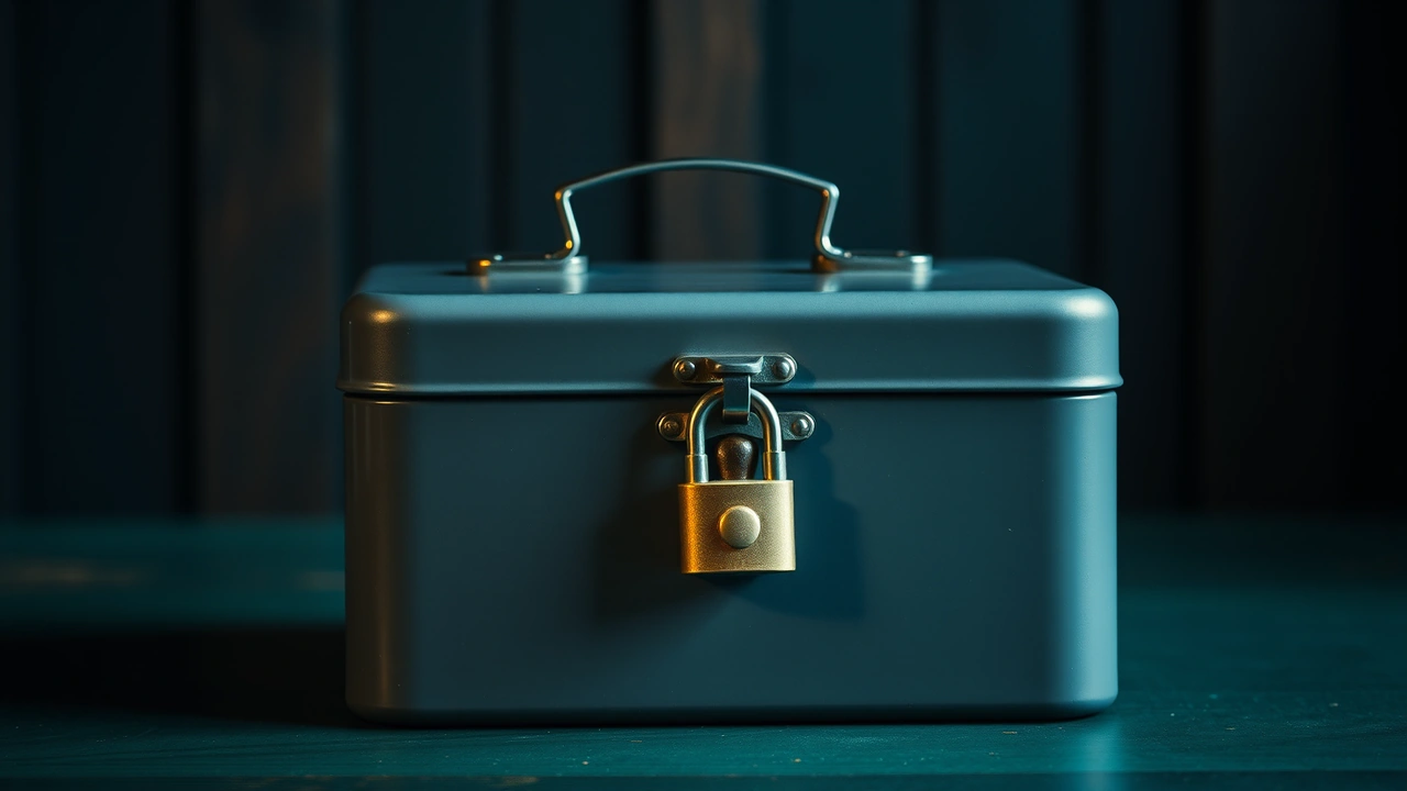 A plain grey steel cash box with its lid closed and a small brass padlock with a perfectly smooth unmarked body hanging shut through its hasp, seen head-on at a slight angle.