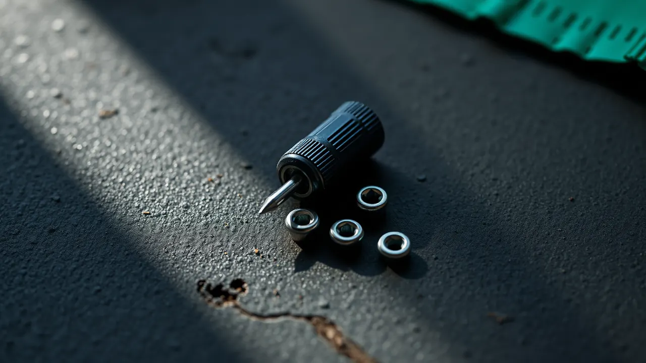 A small precision screwdriver with a black handle beside four loose round steel rivets set out in a square, seen close with soft shadows.