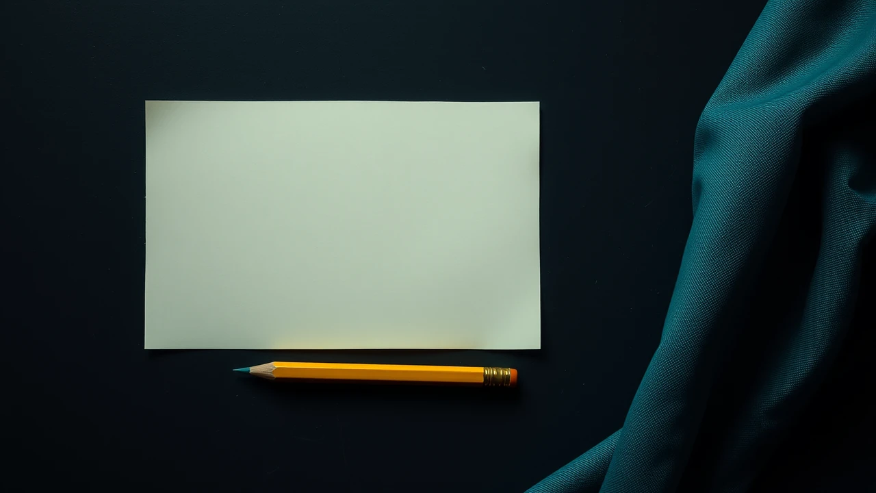 A single blank sheet of cream paper held down at its top edge by a plain smooth brass bar, a yellow pencil lying beside the sheet, seen from above.